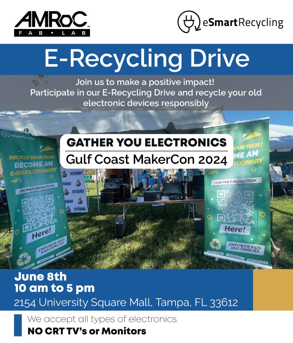 📅 Don’t forget! June 8th is the day to recycle your old devices at Gulf Coast MakerCon 2024. 📍 2154 University Square Mall, Tampa. Let’s make a difference together! 🌍♻️ #erecyclingdrive #tampa