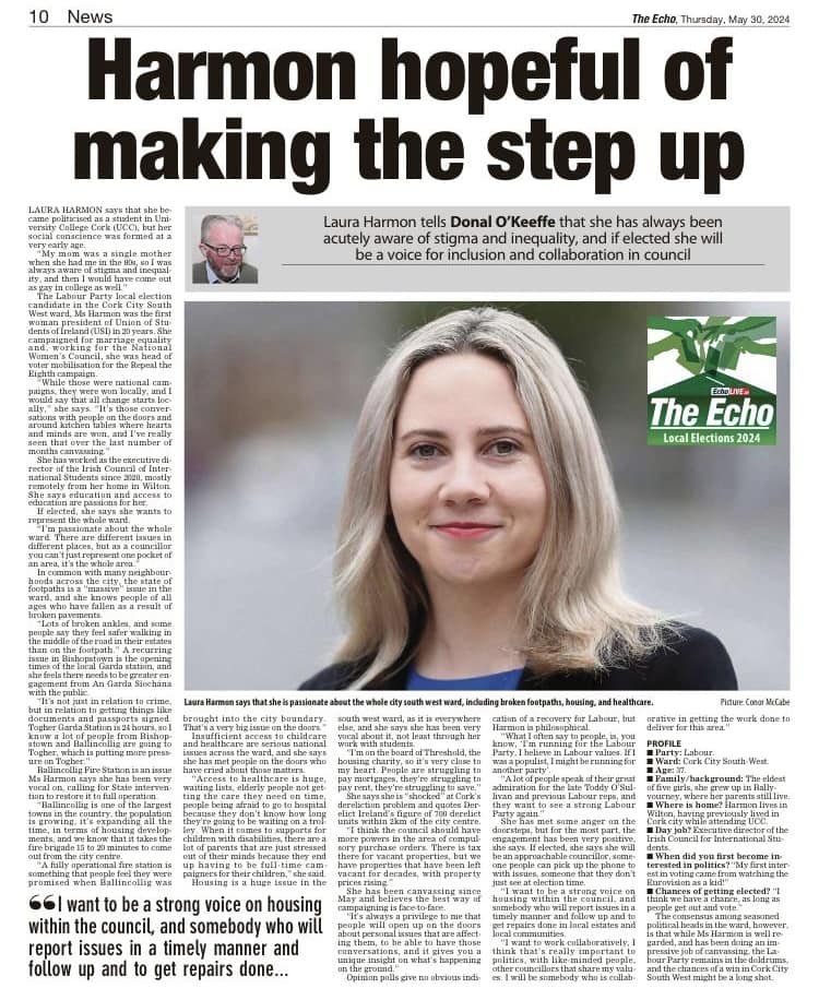 A big shout out 📢to my friend @Harmonica26 who is running in the Local Elections in Cork City South West. This wonderful interview in The Echo fully reflects her passion and commitment for social justice. #1Harmon