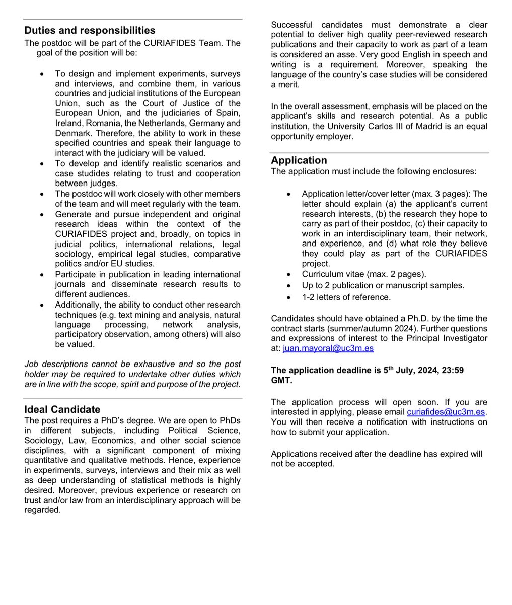 🚨🇪🇺⚖️ We are excited to announce our first postdoctoral position with the @ERC_Research @CURIAFIDES project, focusing on judicial trust and cooperation. Join us in a great research environment and interdisciplinary team. Deadline: 5 July, 2024. @ic3jm @MACIES_UC3M @uc3m