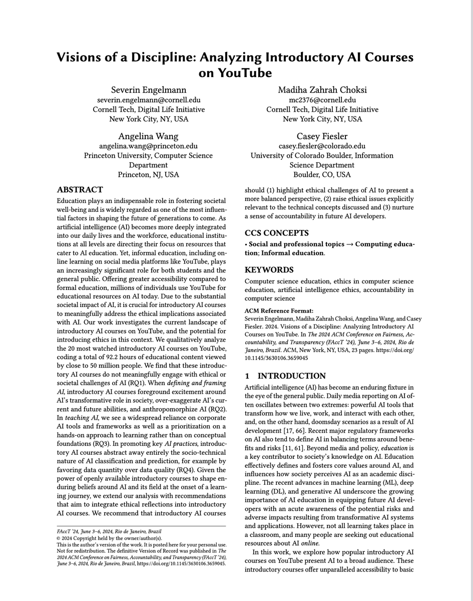 SeverinEngelma1's tweet photo. 📢 New paper at #FAccT24!

We studied pop intro to AI courses on YouTube &amp; developed recommendations for integrating ethics

Joint work with @madihazc @ang3linawang @cfiesler

We find intro to AI courses teach practices known to cause societal harms

Paper https://t.co/GazrjSk9ad https://t.co/RjYbVSZMLW