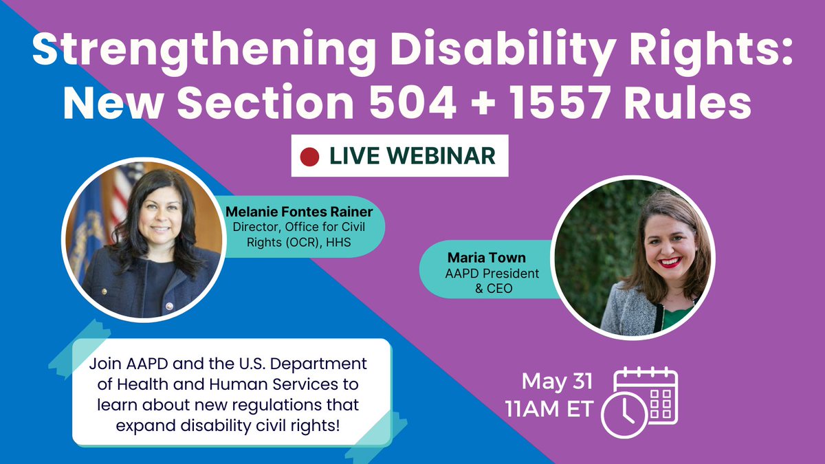 Big #DisabilityRights win! HHS enacted rules to fight disability discrimination! Join AAPD's Fireside Chat with @HHSOCR on May 31 at 11AM ET. Register: bit.ly/3V3abp3 #HHS #Section504 #Section1557 #AAPD