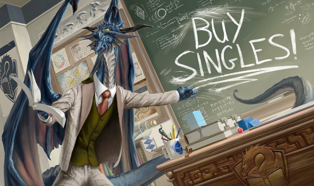 Good news, everyone! I've added the 'Buy Singles!' playmat, featuring 'The Elder Professor in a TCC Classroom' by @AndreGarciaArt to my @Whatnot store! Stream starts at 11am Pacific and has tons of MTG giveaways plus Magic stuff for sale including The Elder Professor playmat!