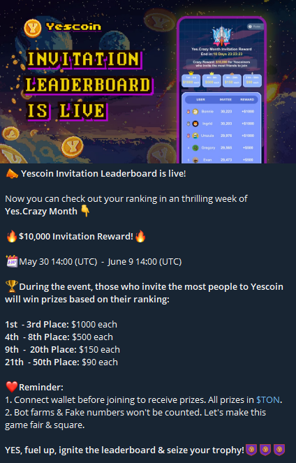 Yescoin yeni bir etkinlik duyurdu .

Haftalık davet ettiğiniz arkadaşlarınız sayesinde sıralamaya girerseniz Ton cinsinden ödeme alacaksınız.

Hala katılmadıysanız Aşağıdaki linkten giriş yapabilirsiniz. 👇

t.me/theYescoin_bot…

ben Pc de telegramı açtım sürekli açık duruyor