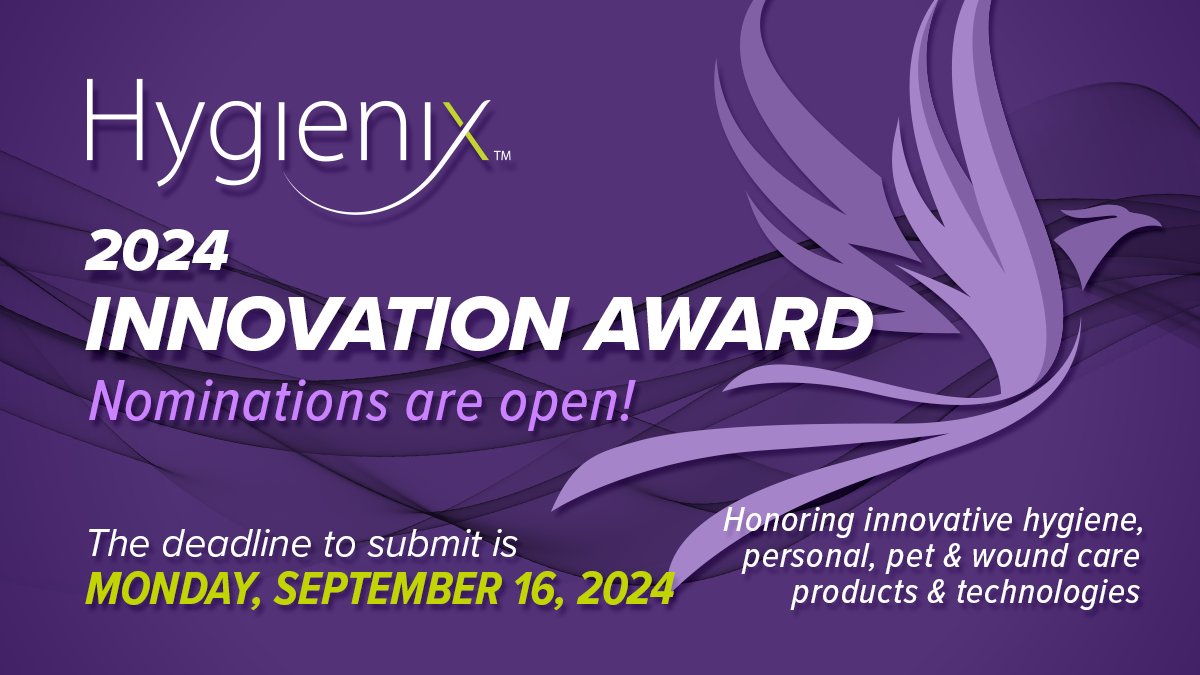 Get recognized for your #absorbenthygiene, #personalcare, #petcare, or #woundcare #innovations! Nominations for the 2024 Hygienix Innovation Award™ are being accepted through Sept. 16th. You can’t win it if you’re not in it!  bit.ly/3x3chx6