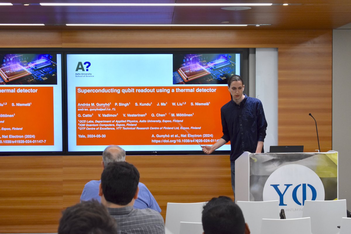 András Márton Gunyhó from @AaltoUniversity is on campus today and tomorrow and is giving a YQI Talk on 'Superconducting qubit readout using a thermal detector'.  
quantuminstitute.yale.edu/event/yqi-talk…