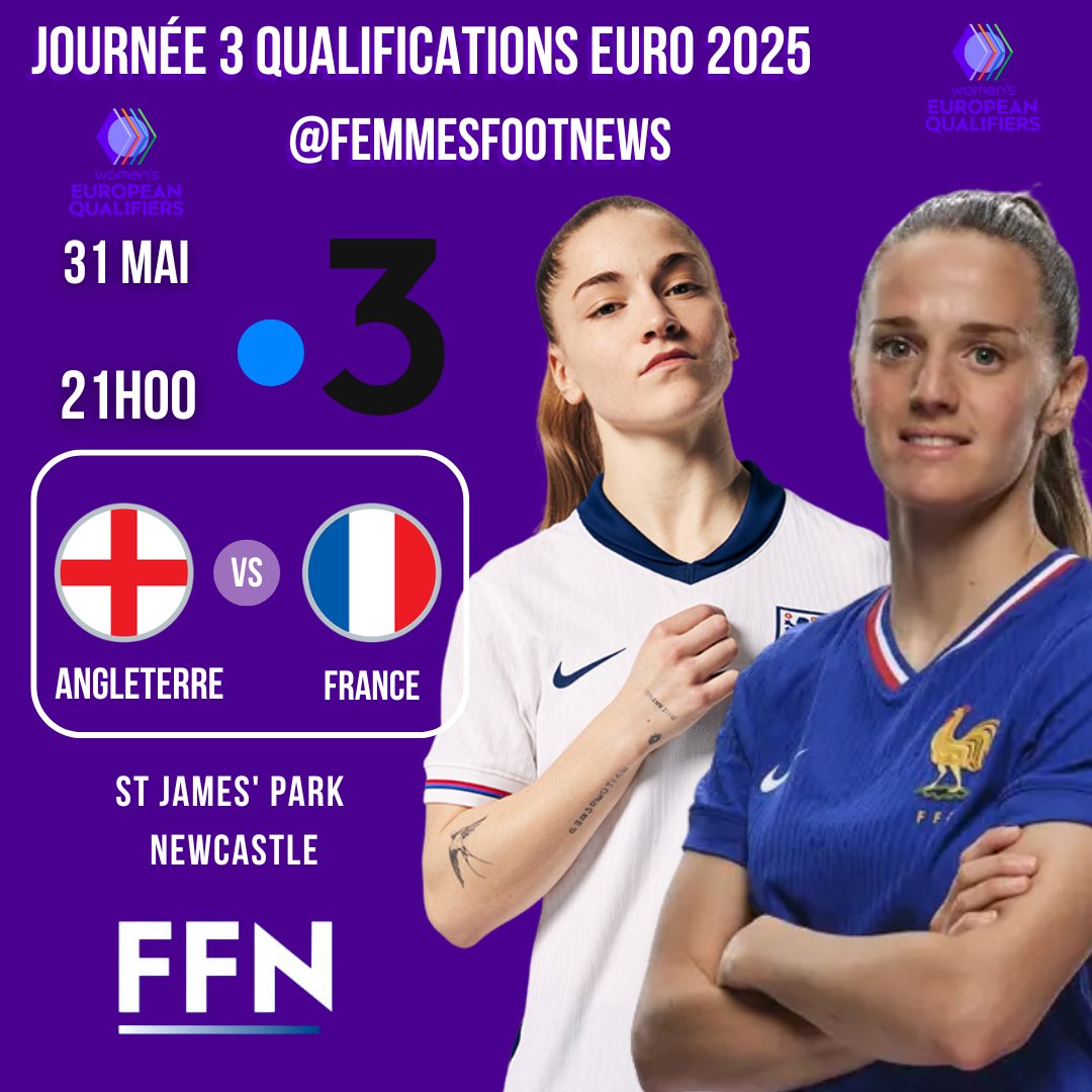 JOUR D'ÉQUIPE DE FRANCE 💙🤍❤️

🕘 21h00
🇪🇺 Journée 3 Qualifications EURO 2025
🆚 Angleterre 🏴󠁧󠁢󠁥󠁮󠁧󠁿
📍Newcastle
🏟️ St James' Park 
📺 France 3
✍️ @femmesfootnews
 #⃣ #WEURO2025 - #ANGFRA