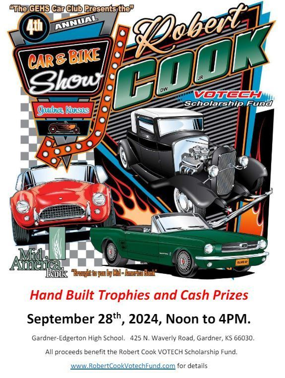 231Foundation's tweet image. The GEHS Car Club is hosting a car and bike show on September 8, 2024. Proceeds support the Robert Cook Voech Scholarship Fund. Lead sponsor is MidAmerica Bank. Learn more at RobertCookVoTechFund.com. @GardnerEdgerton @GEHSBlazers