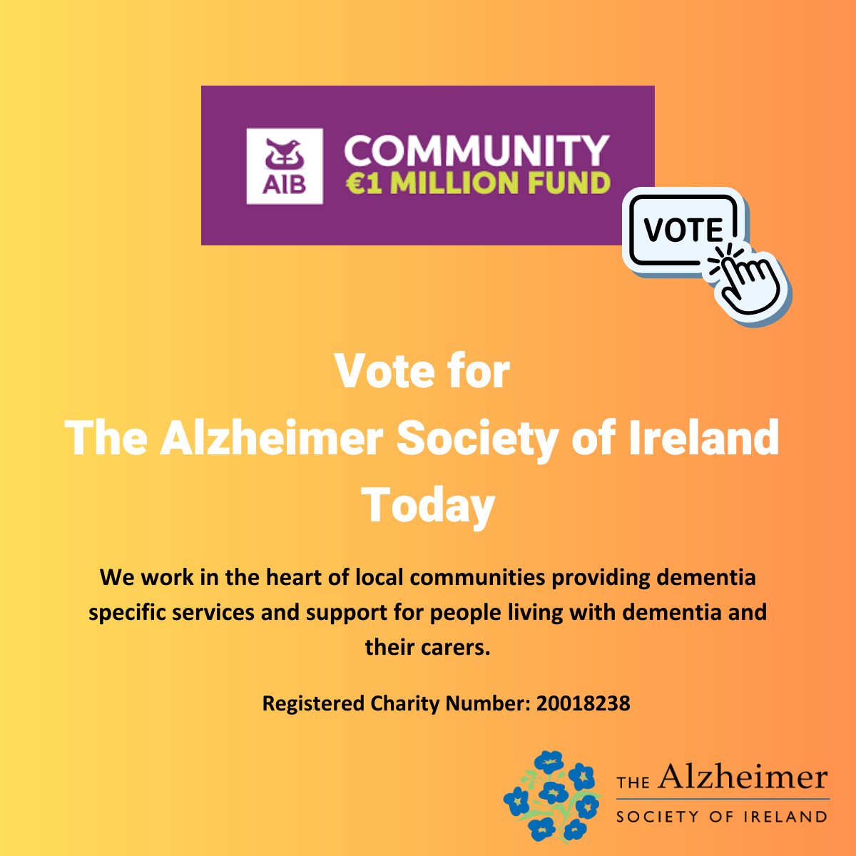 Will you help us get nominated? Please take 1 minute of your time to nominate The Alzheimer Society of Ireland to help us continue to provide much-needed support to people living with dementia nationwide.

aib.ie/personal-forms….

Thank you for your support! Together, we can