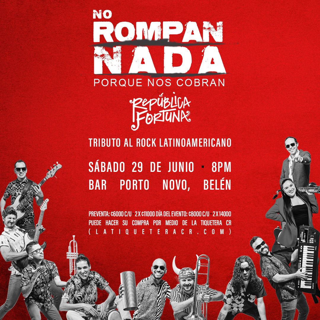 Sábado 29 de junio
Tributo al Rock Latinoamericano.
latiqueteracr.com