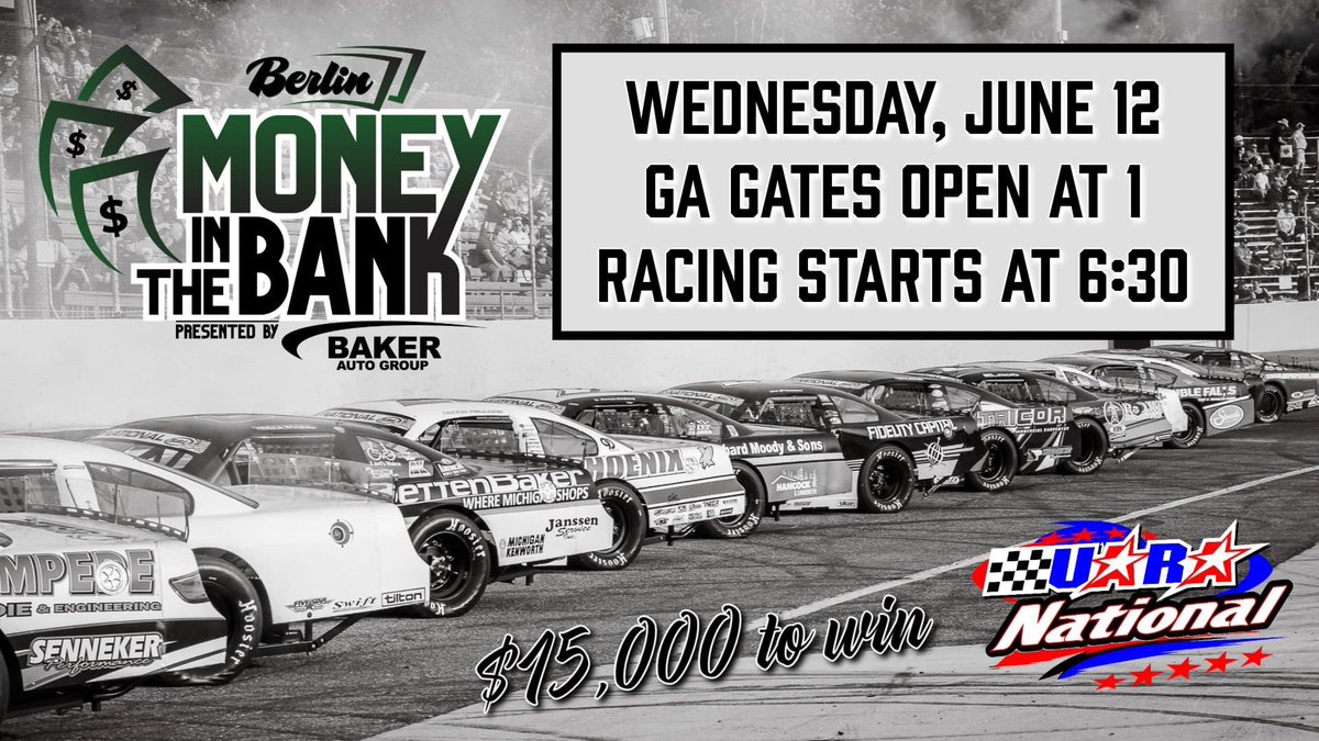 Money In The Bank presented by Baker Auto is back on June 12! Registration link: form.123formbuilder.com/.../2024-money… GA Gates open at 1 Racing starts at 6:30 Pit Passes: NASCAR License $25 Non-NASCAR license $35 🏎What's racing: Super Late Models Sportsman
