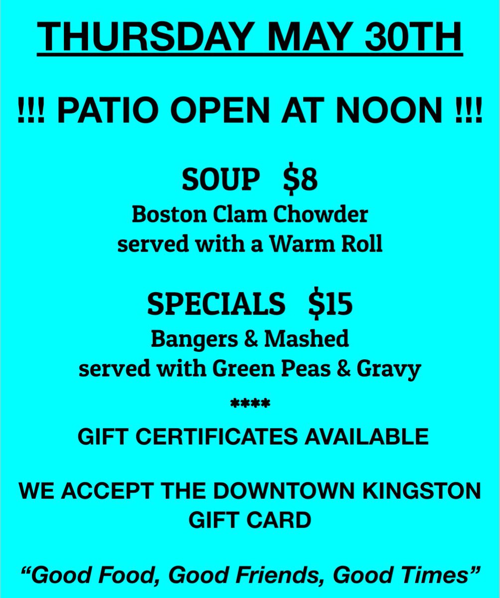 #PATIO OPEN AT NOON

#goodfood at #themothership 
#OPEN TUES - SUN, NOON - 12AM #golocal #ygk #ygklove #publife #giftcertificates #yumgk #fishandchips #craftbeer #takeout #sunnydays @downtownkingston Gift Card