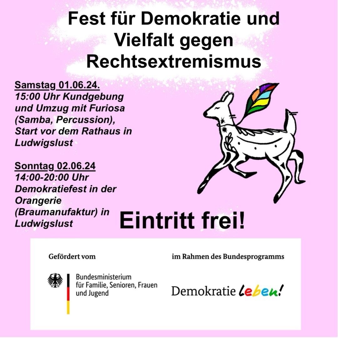 #SaveTheDate #Ludwigslust 01.06.25 um 15 Uhr

Umzug am 01.06
Fest für Demokratie und Vielfalt gegen Rechtsextremismus am 02.06

Ort: Rathaus

#WirSindDieBrandmauer #NieWiederIstJetzt #LautGegenRechts #SeiEinMensch #NoAfD