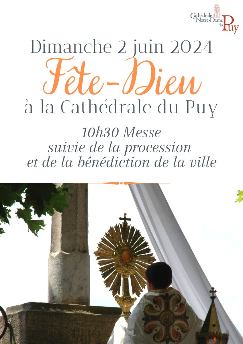 Solennité de la Fête-Dieu
Le Saint Sacrement du Corps et du Sang du Christ
Dimanche 2 juin 10h30
Cathédrale du Puy en Velay
#CorpusChristi #CorpusDomini #SaintSacrement #Jesus #Christ #FeteDieu #eucharistie #eucharist #eucaristia #CatholicX #catholictwitter