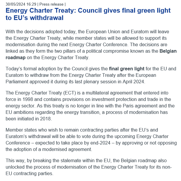 📢Excellent news for once! The EU withdraws from the #EnergyCharterTreaty that has become a massive roadblock to the green transition and #RenewableEnergy deployment. 📰Full @EUCouncil PR consilium.europa.eu/en/press/press… #EnergyCharter #VoteForSocialProgress
