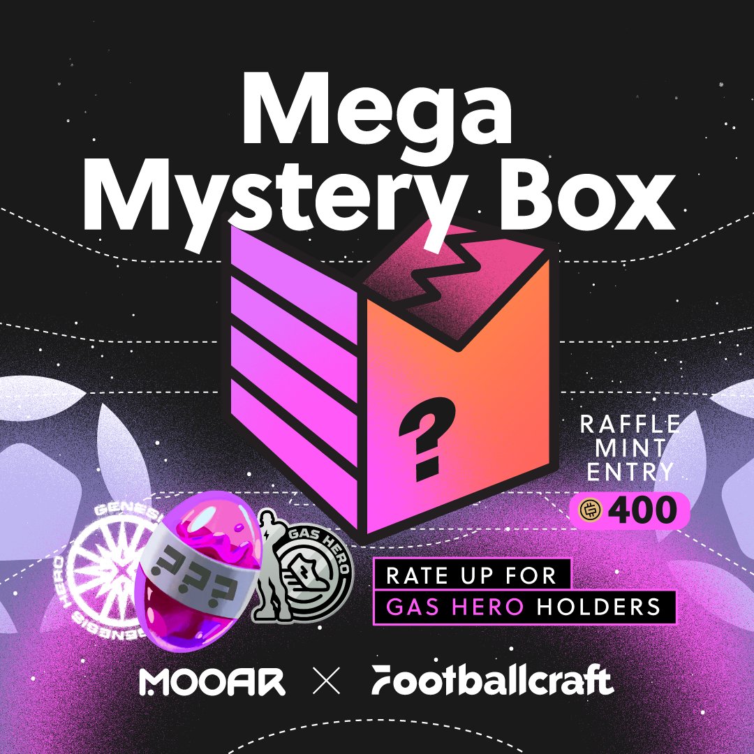 2184Official's tweet photo. You can join the @FootballcraftFC Raffle Mint on @mooarofficial using your FSL Points for a 50% better chance to win! ✨

ℹ️ HODL any one of these NFTs for a better chance at winning

🦸 Gas Hero Genesis Heroes
🥚 Gas Hero Super Useful Eggs
👉 Gas Hero Badge

Additional ways to boost your luck ⤵️

👟 Get a 50% rate-up for each locked STEPN x MOOAR Genesis Sneaker
🎚️ MOOAR Membership Level
➕ Consecutive MOOAR+ Membership

Raffle Mint Details:
📅 May 29th - June 2nd
🏆 500 Footballcraft Mega NFT Mystery Boxes
🎟️ 400 GMT / Ticket
🤝 Raffle is fully refundable for non-winners

➡️ https://t.co/rUSigxT20h

 Good luck, everyone! 💚