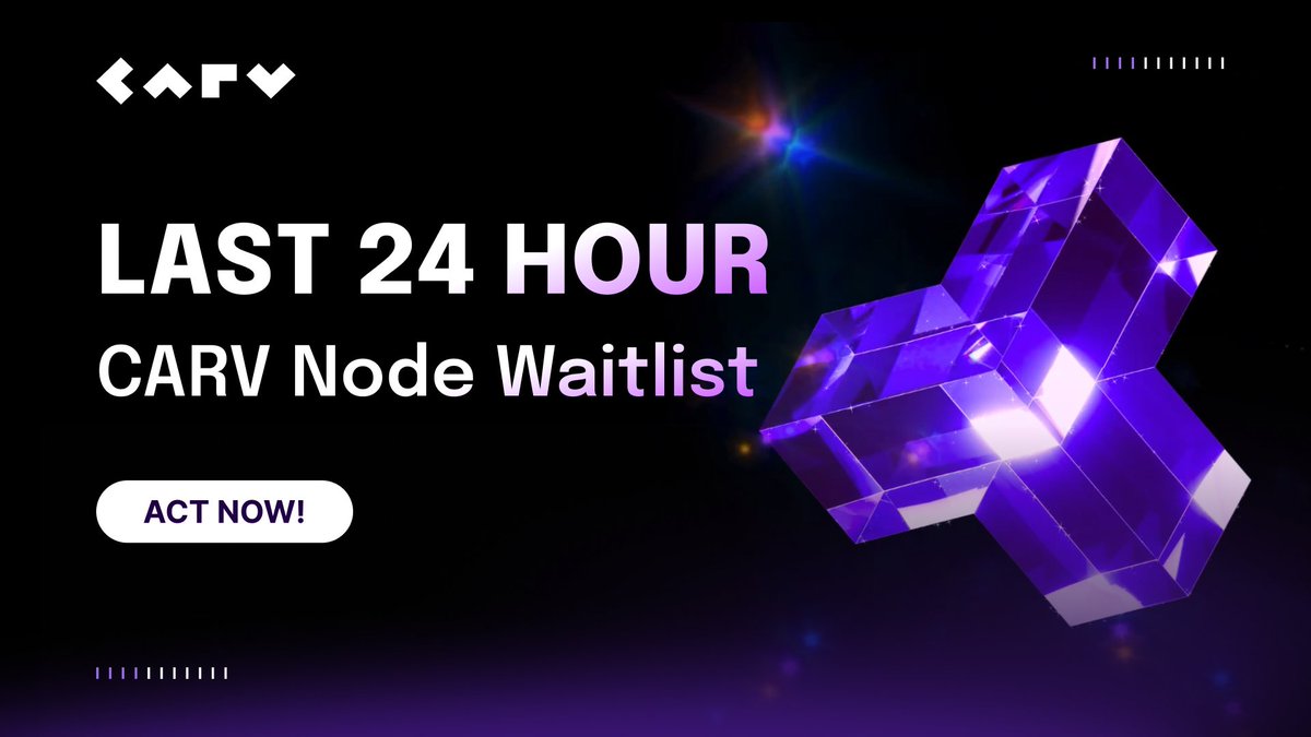 CARV Node Waitlist Program Ends in 24 Hours!

What you need to do:
✅ Visit node.carv.io to secure your spot for a chance to win a Whitelist.
✅ Ensure your wallet has 0.05 ETH on Arbitrum One to qualify (Snapshot happening soon).
✅ If you secure a Whitelist spot, you