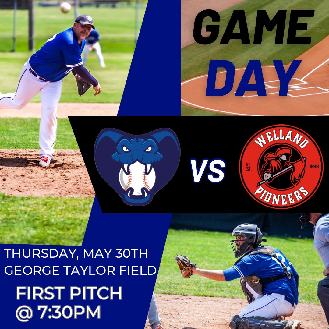 Check out the new #gameday graphic for the St. Catharine’s Senior Cobras. Tonight we welcome the <a href="/WellandPioneers/">Welland Pioneers</a> to the #snakepit as we face off for the 1st time this season. First pitch at 7:30pm. <a href="/NDBASenior/">NDBA Mens SR League</a>