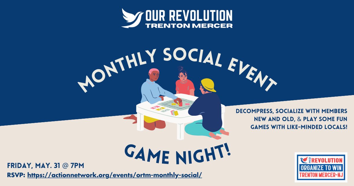 OurRevNJ's tweet photo. Join us tomorrow (5/31) starting at 7PM for a game night! 

We will be at one of our members' houses in Hamilton. Please RSVP so we can get a rough headcount!

https://t.co/RzBknaq84v https://t.co/mNoXplXTmS