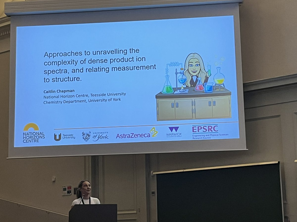 Caitlin Chapman is up next talking about how she is attempting to unravel the complexities of dense product ion spectra and relating measurement to structure. (And she has my vote for cutest title slide, omg!!!) #HTC2024