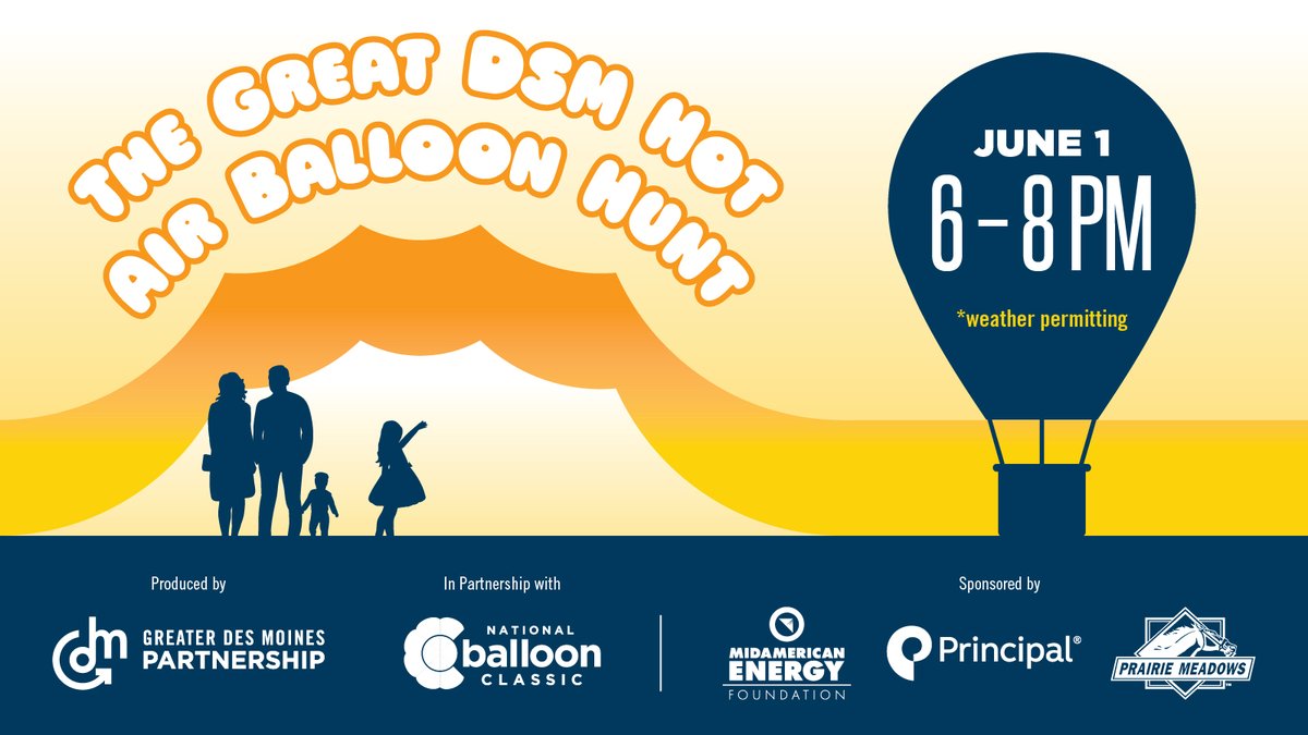 .<a href="/DSMpartnership/">DSMpartnership</a> will be bringing back bright balloons to light up the skies during the Great DSM Hot Air Balloon Hunt this Saturday, June 1, weather permitting. 

This year? It's even brighter and better as we inflate balloons across the region! #DSMUSA