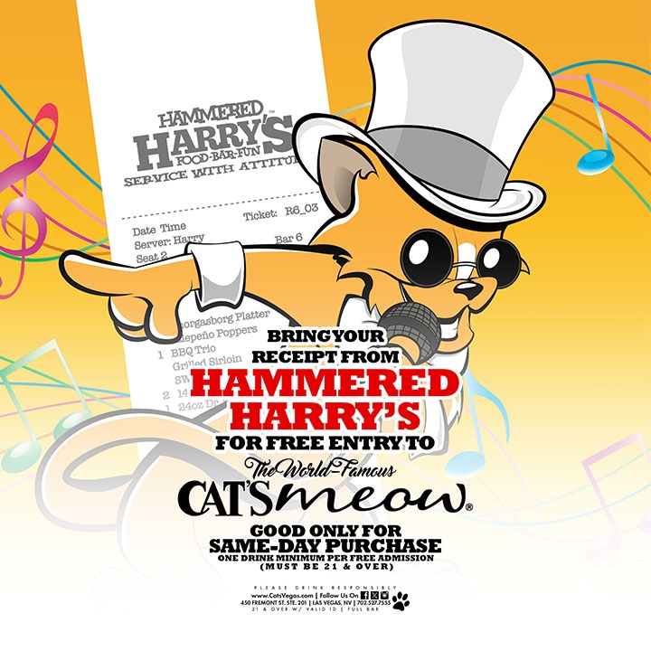 🍻🍔🎶Feelin' the vibes after an awesome meal at Hammered Harry's? Keep the party going at the Cat's Meow! Show us your same-day food receipt from Hammered Harry's for free entry tonight. 🎉🙌 #FridayNightFun #HammeredHarrys #CatsMeow #FremontStreet #DTLV #LasVegasKaraoke 🍻🍔🎶