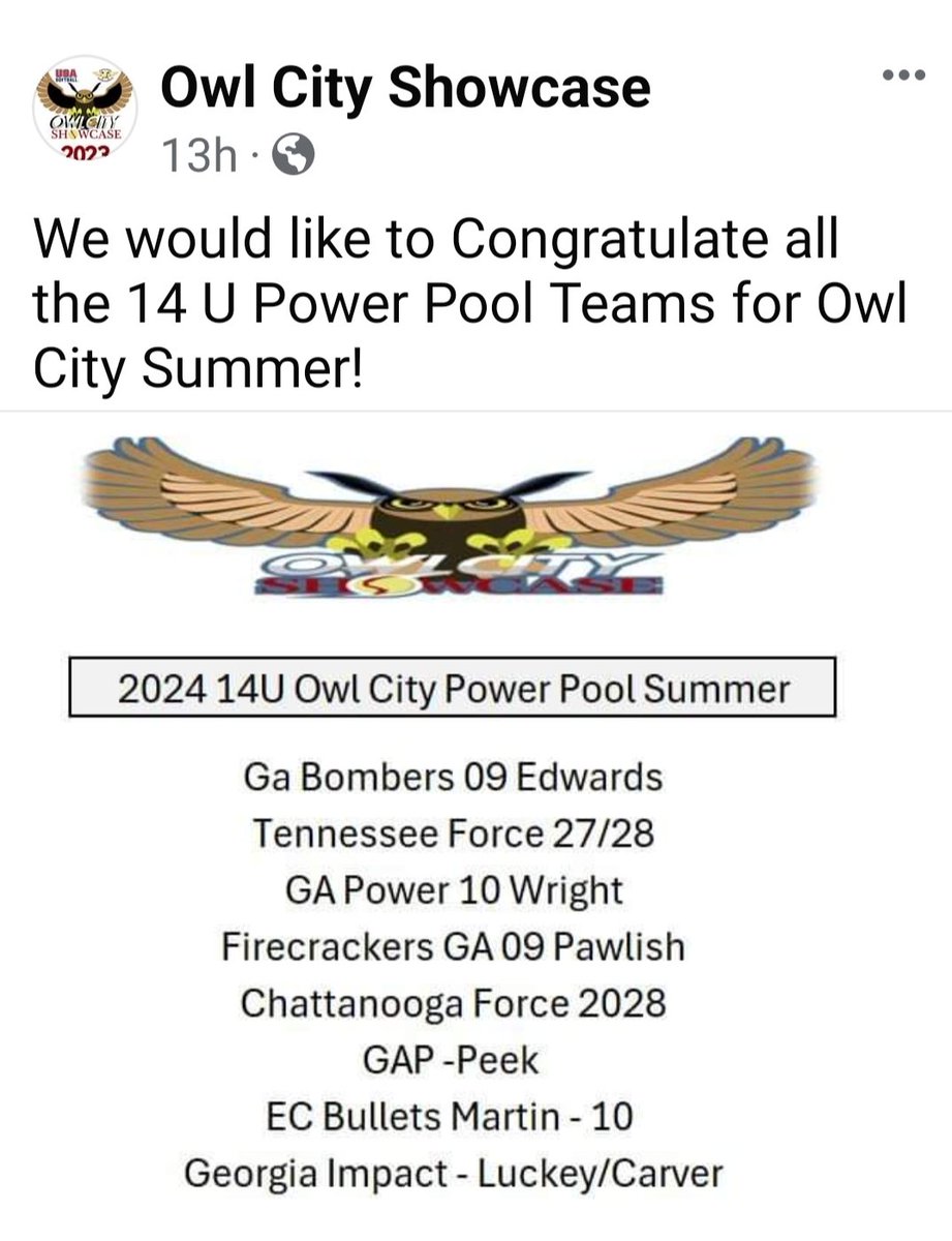 Excited to be chosen to compete in the 14u Power Pool for the 2024 Owl City Showcase. Nice seeing the girl's hard work being recognized. 
#play4God