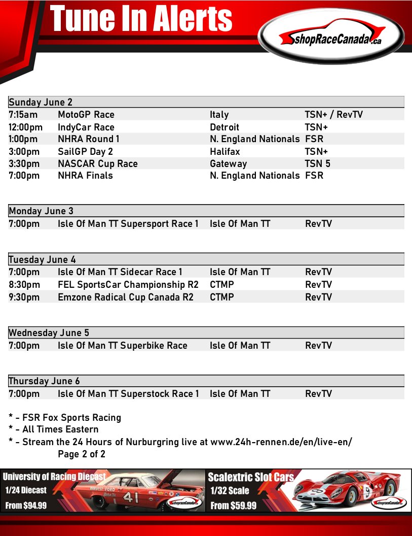 Bit of a slow weekend, but FEL SportsCars and @emzoneproducts @RadicalCanada Cup debut on @revtvcanada and the @ttracesofficial return to Rev next week as well. Don't forget to follow & subscribe to @RaceCanadaTune to get notified of all Tune In Alerts & 30 Minute alerts.