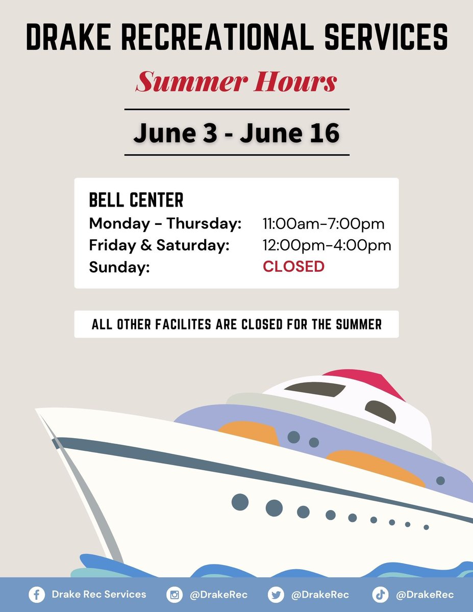 DrakeRec's tweet image. Our facility hours are expanding starting Monday, June 3!