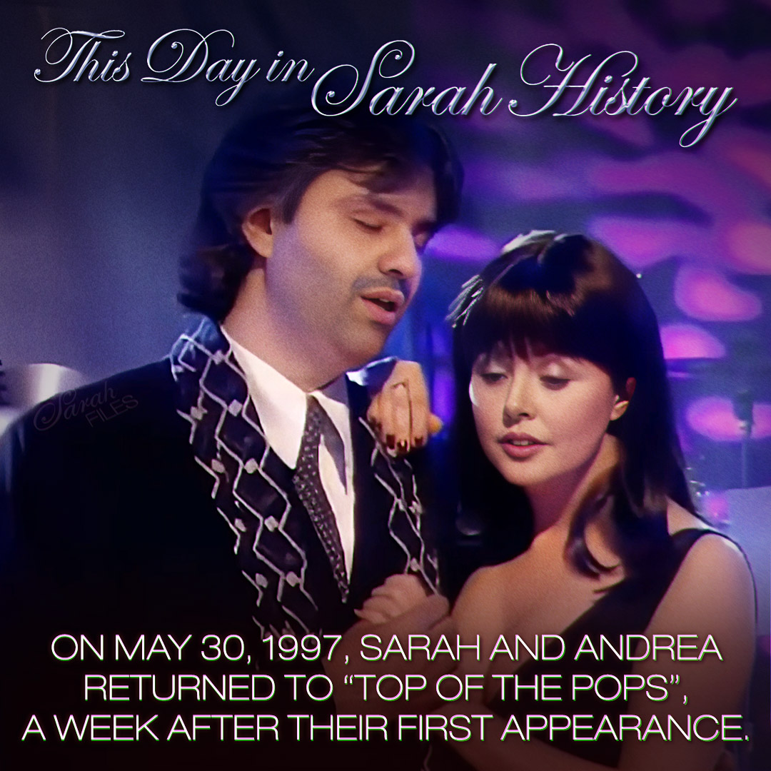 On May 30, 1997, Sarah and Andrea returned to 'Top of the Pops', a week after their first appearance. 'Time to say goodbye' was #2 in the charts. #sarahbrightman #andreabocelli #timetosaygoodbye #topofthepops #totp