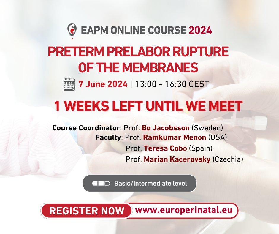 1 week left until our #EAPM Online course on #Preterm prelabor rupture of the membranes on Friday, 7 June, 2024!

Register today to learn from most seasoned experts in the field👉: bit.ly/3PNV5ly

#onlinecourses #perinatalmedicine #prelabor #pPROM
