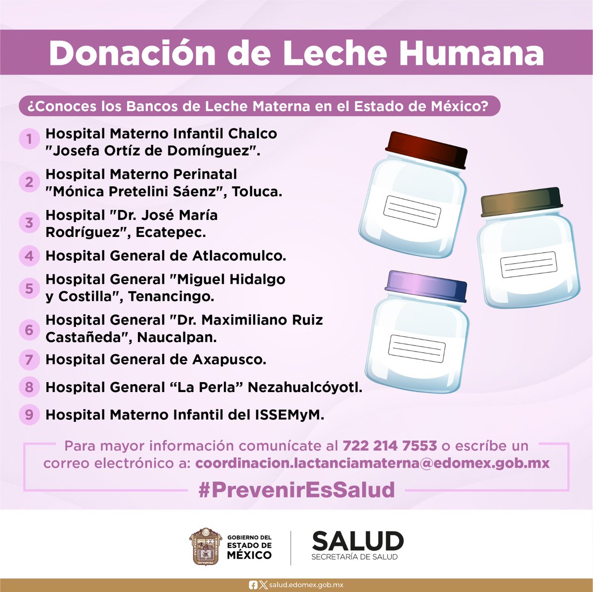 En el Estado de México se encuentran ubicados nueve Bancos de Leche Materna, espacios destinados a su procesamiento, almacenaje y distribución. ¡Ubícalos!