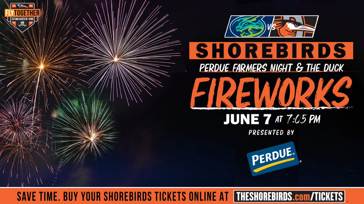 Friday, June 7, the best fireworks show on Delmarva makes its return as the Shorebirds launch fireworks after the game presented by Perdue! Save time, buy YOUR tickets online 👇

Buy Tickets 👉 bit.ly/3HXnktz

#FlyTogether | #Birdland