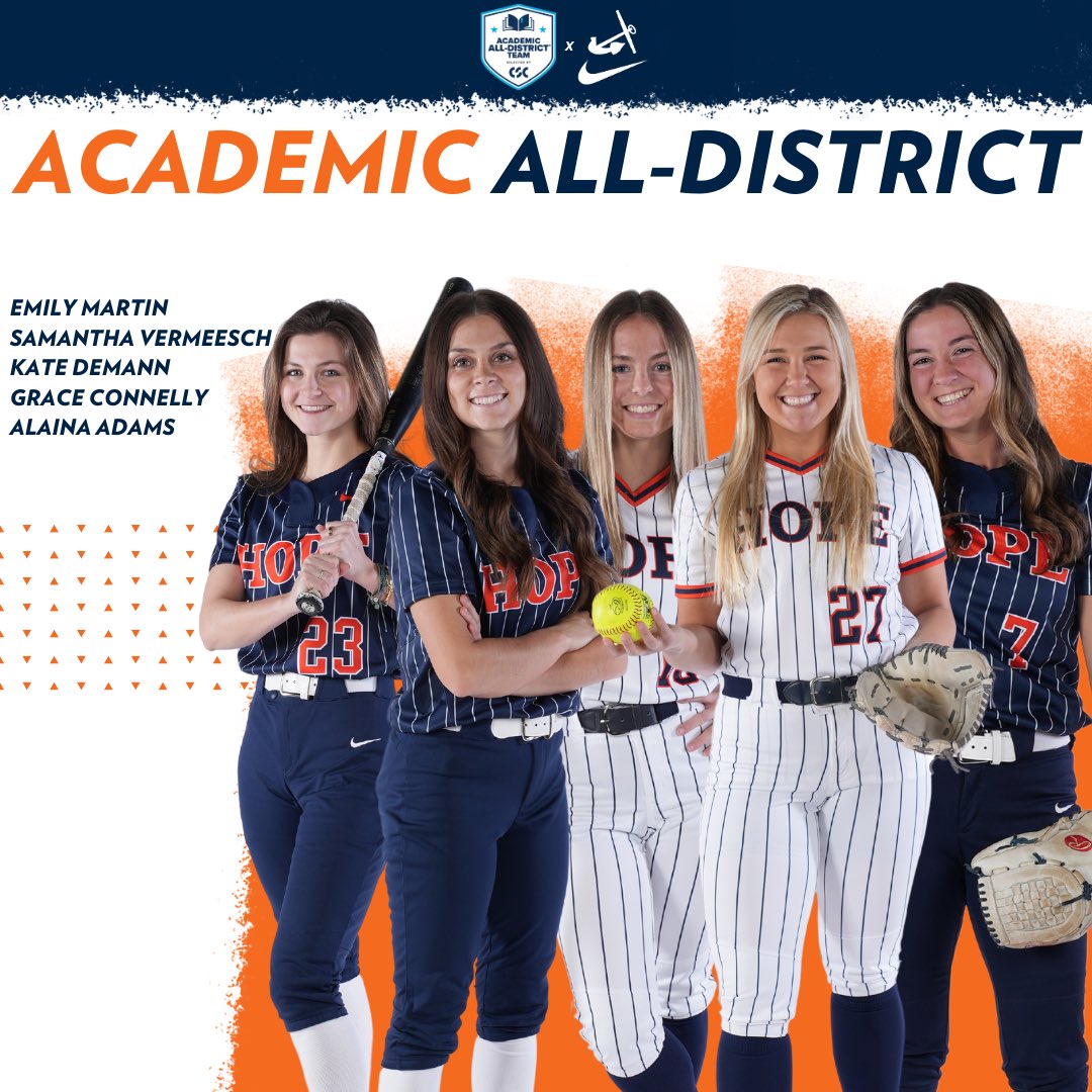 Five Hope College Softball standouts have been chosen for the 2024 Academic All-District® Softball Teams, selected by College Sports Communicators: Senior Alaina Adams, Emily Martin, and Samantha Vermeesch, Jr. Grace Connelly and Sophomore Kate DeMann.

athletics.hope.edu/news/2024/5/29…