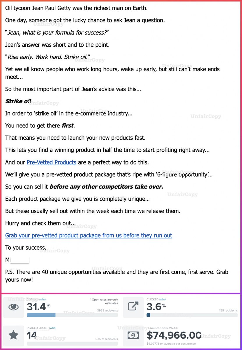 Email Case Study #05

Subject Line: Strike oil!
Offer: Back-End, High Ticket, PDF
Destination: A sales page
Results: $74,966

Key Takeaways

====== 

1. Keep A Few Stories In Your Back Pocket

As an email list manager, I get PLENTY of writer’s block…

So I’ve gradually built up