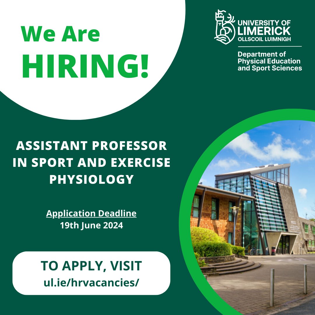 PESS @ UL (@pesslimerick) on Twitter photo 📢 We're hiring!
Join us as an Assistant Professor in Sport and Exercise Physiology at <a href="/UL/">University Of Limerick</a>!
Tenure track contract with a salary scale of €45,995 – €62,705.
Find out more ⬇️
pess.blog/2024/05/29/rec…
#Recruitment #PESSUL #Ireland 📢 We're hiring!
Join us as an Assistant Professor in Sport and Exercise Physiology at <a href="/UL/">University Of Limerick</a>!
Tenure track contract with a salary scale of €45,995 – €62,705.
Find out more ⬇️
pess.blog/2024/05/29/rec…
#Recruitment #PESSUL #Ireland