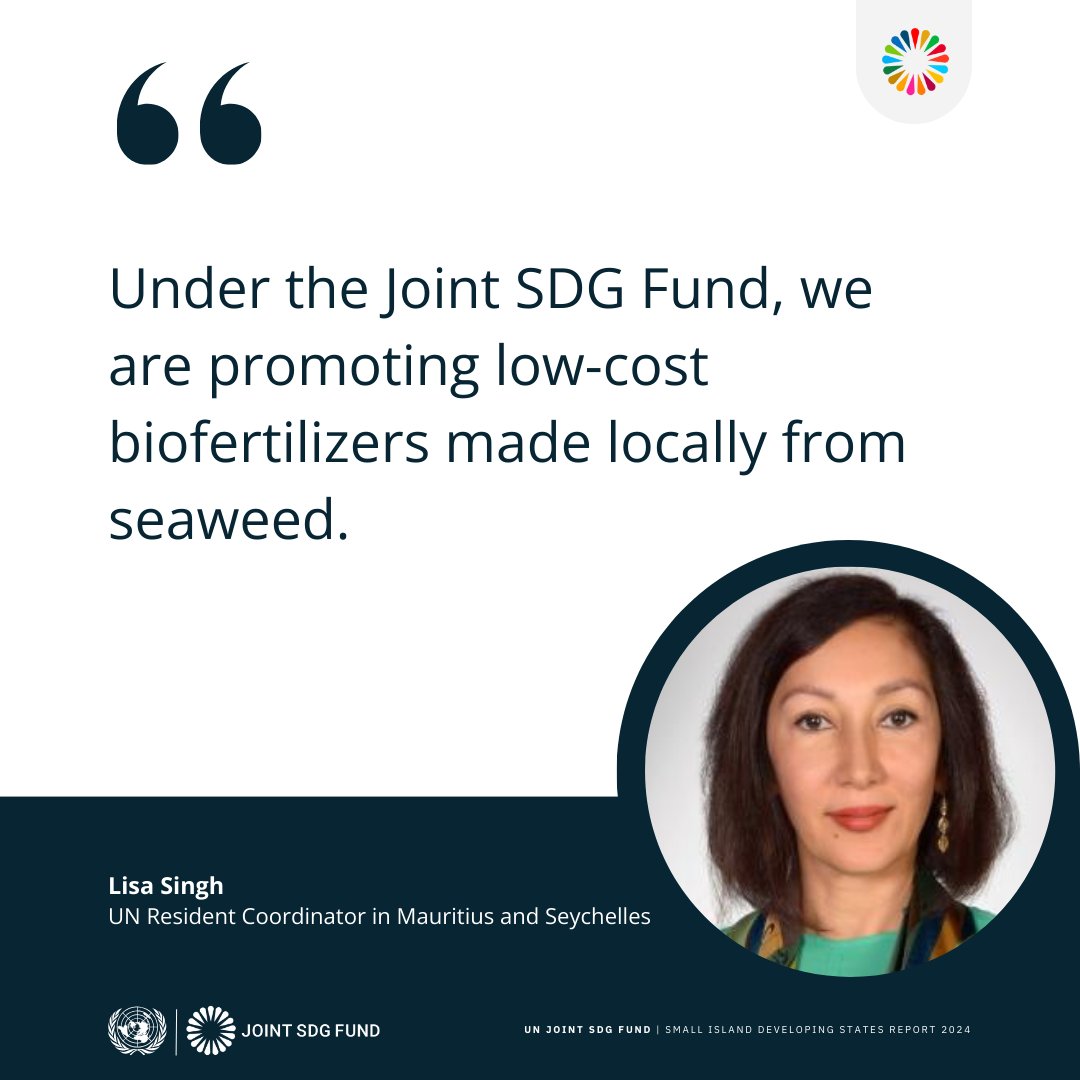 Our joint program in 🇲🇺 Mauritius and 🇸🇨 Seychelles promotes a sustainable green and blue economy.

Lisa Singh, the @UN Resident Coordinator, highlights our promotion of low-cost biofertilizers made locally from seaweed.🌊

Find out more: jointsdgfund.org/publication/ti… #SIDS4