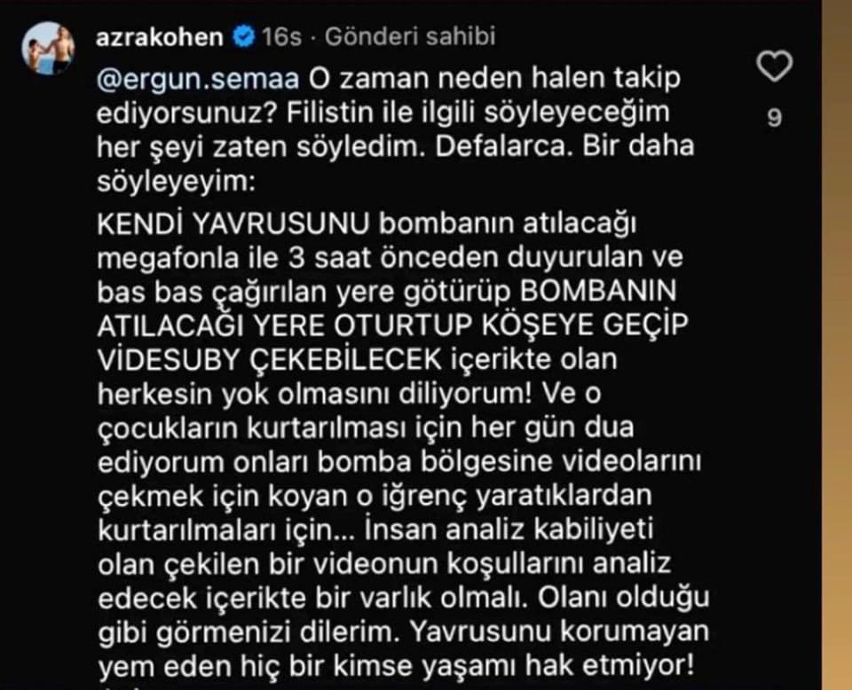 Yazar Azra Kohen'in, İsrail'in Refah saldırısı sonucu 46 kişinin hayatını kaybettiği katliamdan sonra kullandığı skandal ifadeler: ▪️''Çocuklarını bombaların atılacağı yerlere bilerek götürüyorlar.'' ▪️'Yavrusunu korumayan, yem eden hiçbir kimse yaşamı hak etmiyor.'