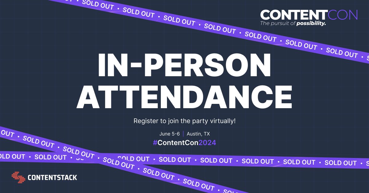 Contentstack's tweet image. #ContentCon2024 is officially SOLD. OUT. 🤯🤯🤯

While in-person tickets are no longer available, you can still join the action! Our complimentary virtual registration is open for anyone wanting to join the pursuit of digital possibilities. Sign up today: bit.ly/4bDIyKr