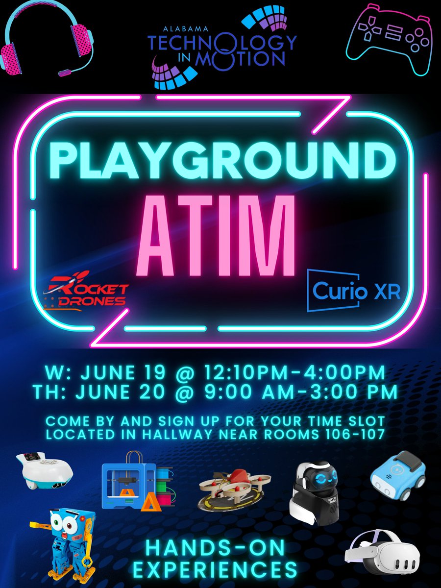 While attending the Alabama Educational Technology Conference, don't miss the chance to join the ATIM specialists at The Playground for hands-on experiences!
#aetc2024 <a href="/ATIMPD02/">ATIMPD!</a> <a href="/ALSDEEdTech/">ALSDE Educational Technology</a>