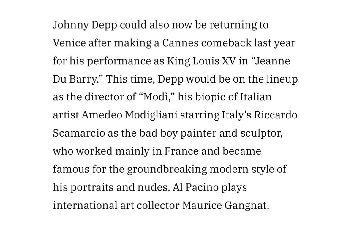 An_elf_pirate's tweet image. Johnny (possibly) heading to the Venice Film Festival with ‘Modi’?! 😆😆😆

(Only 2 paragraphs on JD in the article &amp;amp; the 2nd one isn’t worth reading… it mentions “her” 😒)