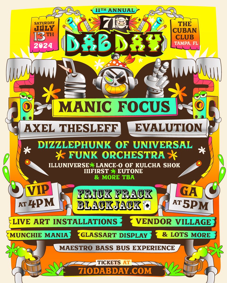 710DabDay's tweet image. WE’VE GOT ALL HANDS ON DECK FOR DAB DAY TAMPA BAY 🏴‍☠️🌴 

We dare you to join us on Saturday, July 13th, for an evening full of performances by @ManicFocus , @AxelThesleff , @evalution_music , and so much more 🔥 

🎟️Limited Tier 1 Tickets On Sale Now!