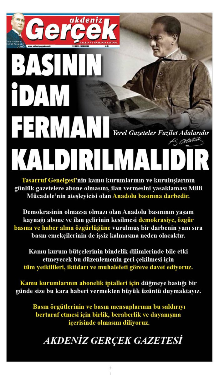 Tasarruf gerekçesiyle yerel basının ipinin çekilmesini protesto ediyor ve manşetimizi karartıyoruz. #BASINDAIDAMFERMANI @AkdenizGercek