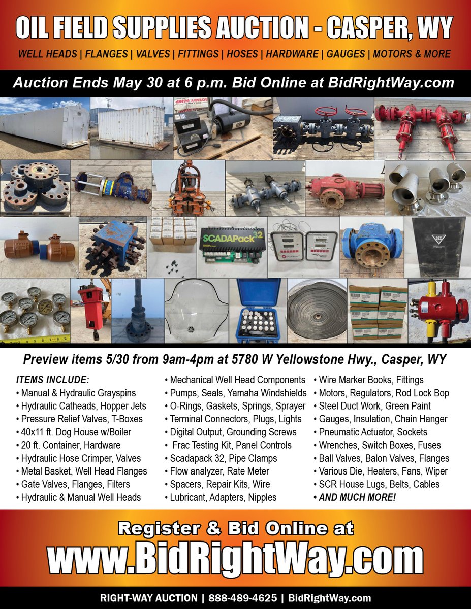 Carrie_Newhouse's tweet image. LAST CHANCE! Oil Field Supplies and More Auction in Casper, WY, ends TODAY starting 6pm. Well heads, flanges, valves, fittings, gauges, motors and more! Register and bid online at BidRightWay.com #oilandgas #wellhead #auction #petroluem #onlineauction #casper #wyoming