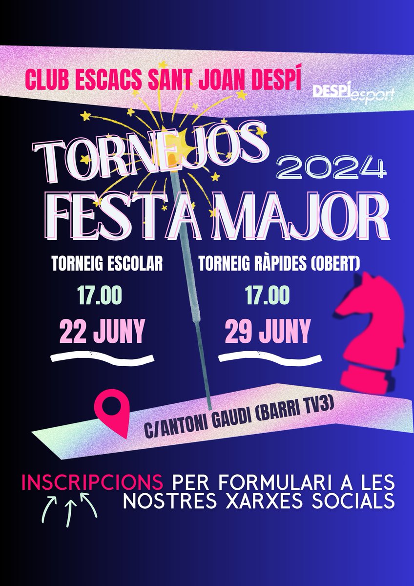Ja podeu incriure-us als nostres TORNEJOS FESTA MAJOR🥳
👉Si ets menor de 16, o ja els tens: forms.gle/r8fDY9RiKA7P6p…
👉Torneig Obert(totes edats): forms.gle/t3hBEeopGP2zzL…

Inscripcions fins arribar els 1⃣0⃣0⃣ inscrits/tes, o bé fins el dia anterior dels tornejos.
