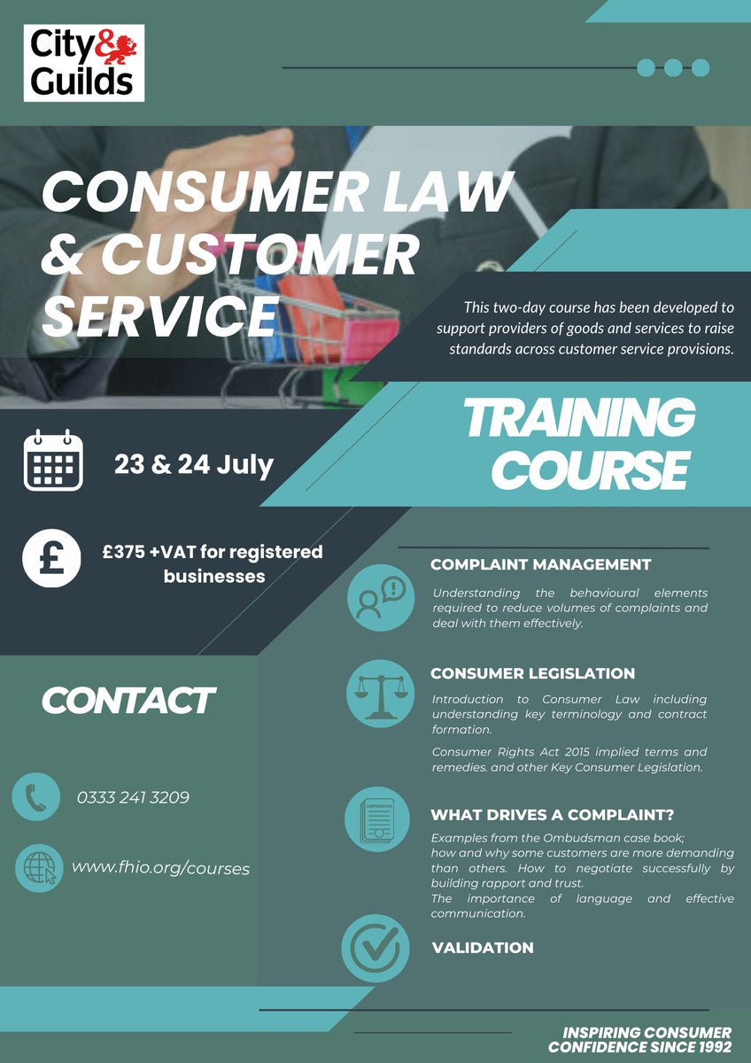 OmbudsmanTweets's tweet photo. There are limited spaces available on our @cityandguilds accredited course below!

https://t.co/xemsFZ7RHA 

#customerservice #consumerlaw #ADR #complaintshandling #ombudsman #training #twodaycourse #onedaycourse https://t.co/GBYEhYedTi
