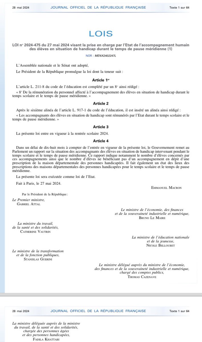 1/2 💪 #Scolarisation des élèves handicapés & #AESH - Publication au JO du mardi 28 mai de la loi visant la prise en charge par l'État de l'#accompagnement humain des #élèves en situation de #handicap sur le temps de la pause méridienne 👏