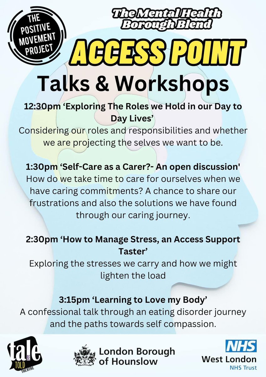 MovePositively's tweet image. Access Point is coming to the Feltham Hub tomorrow! A free event for mental health- meet services, try activities, attend a workshop or a talk. It’s FREE! Please RT
#mentalhealth #hounslow #freeevent #RT