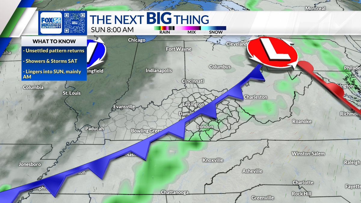 The Next Big Thing: Showers and storms return Saturday and linger into mainly Sunday morning. Have a back-up plan for outdoor activities on Saturday. #kywx @fox56news