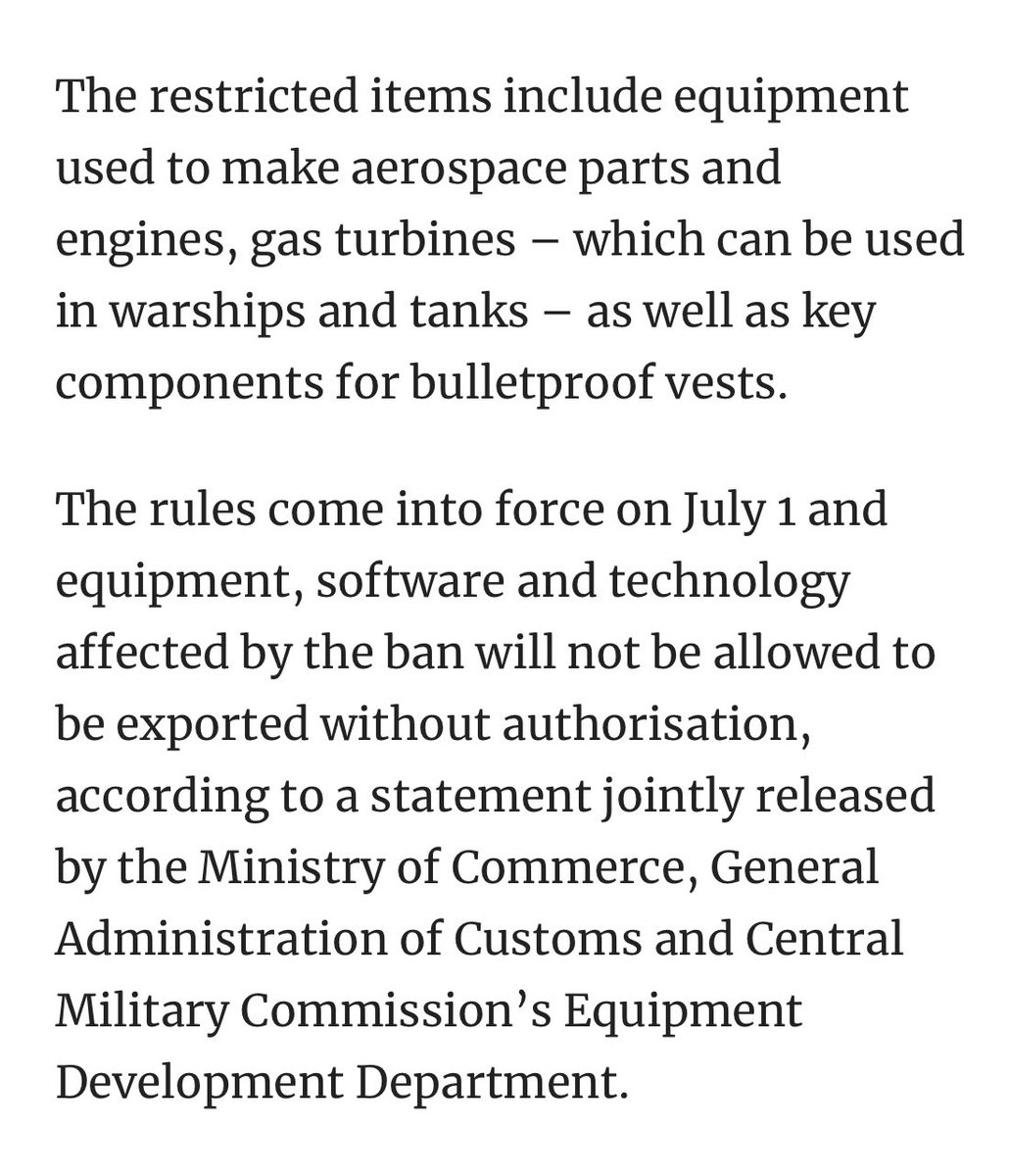 #China is putting #export controls on materials that can be used for making defence & #aerospace equipment.

In future it can stop life-saving #drugs or #semiconductors or rare earths.

#MakeInIndia is absolutely critical for all essential & #defence equipment.
#AtmanirbharBharat