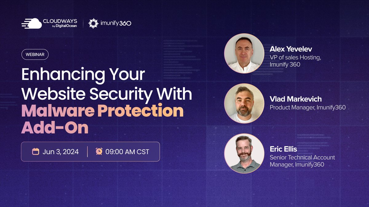 Cloudways (@cloudways) on Twitter photo ๐ก๏ธ Join us live with Alexander Yevelev, Vlad Markevich, and Eric Ellis from <a href="/imunify360/">Imunify360</a> to get expert insights on how the Cloudways Malware Protection add-on shields your website against malware threats.
๐ Jun 3, 2024 | ๐ 09 AM CST
Register here ๐ bit.ly/4aBQb2J ๐ก๏ธ Join us live with Alexander Yevelev, Vlad Markevich, and Eric Ellis from <a href="/imunify360/">Imunify360</a> to get expert insights on how the Cloudways Malware Protection add-on shields your website against malware threats.
๐ Jun 3, 2024 | ๐ 09 AM CST
Register here ๐ bit.ly/4aBQb2J